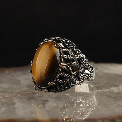 925 Sterling Silver Tiger Eye Pen Workmanship Handmade Men Ring