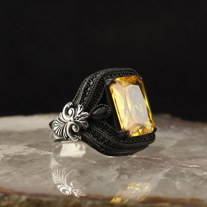 925 Sterling Silver Yellow Zircon Stone Traditional Handmade Men Ring