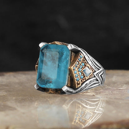 925 Sterling Silver Paraiba Stone Handmade Square  Men Ring