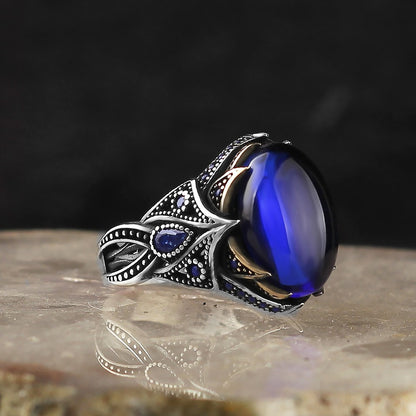 925 Sterling Silver Lapis Stone Handmade Pen Workmanship Men Ring