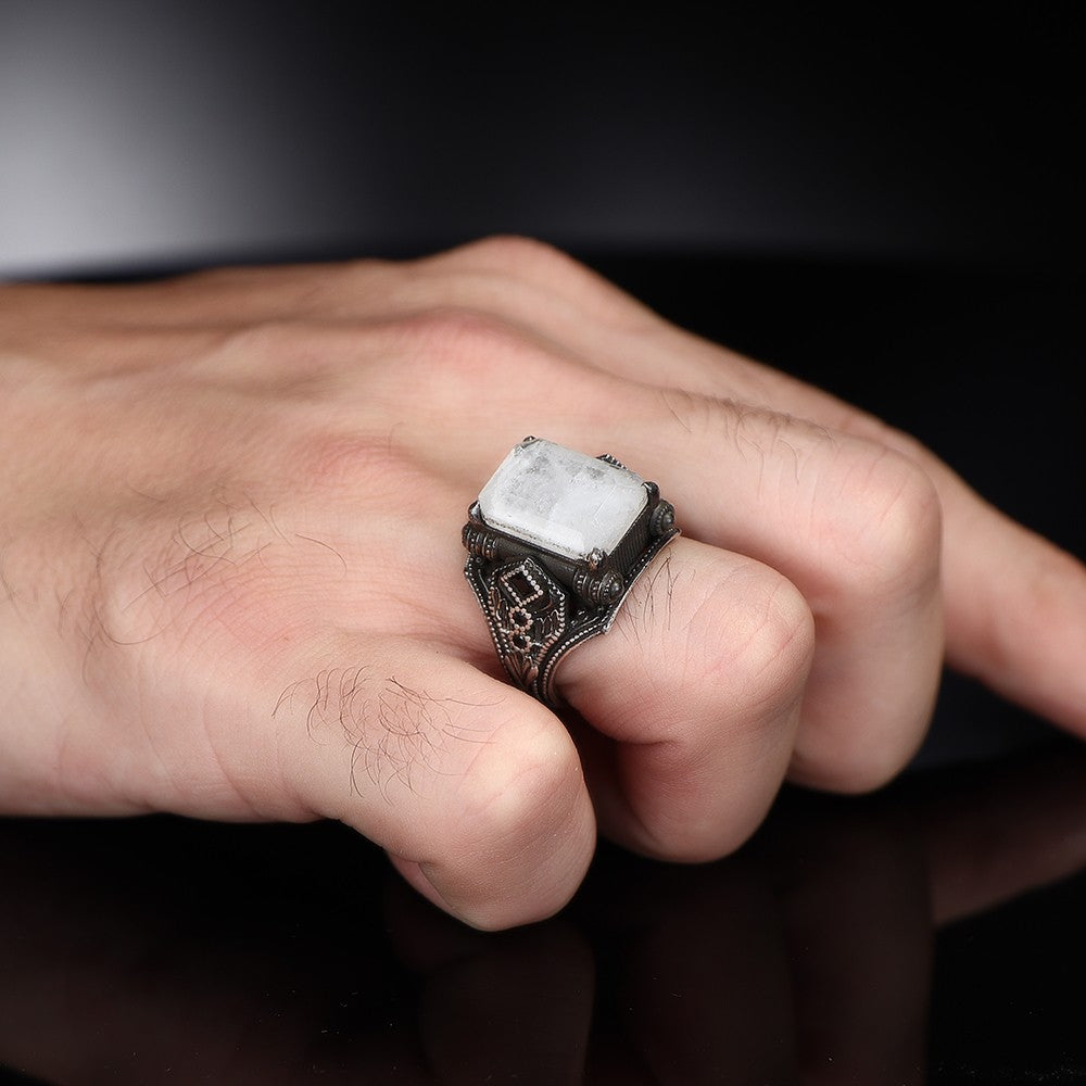 925 Sterling Silver Moon Stone Handmade Men Ring