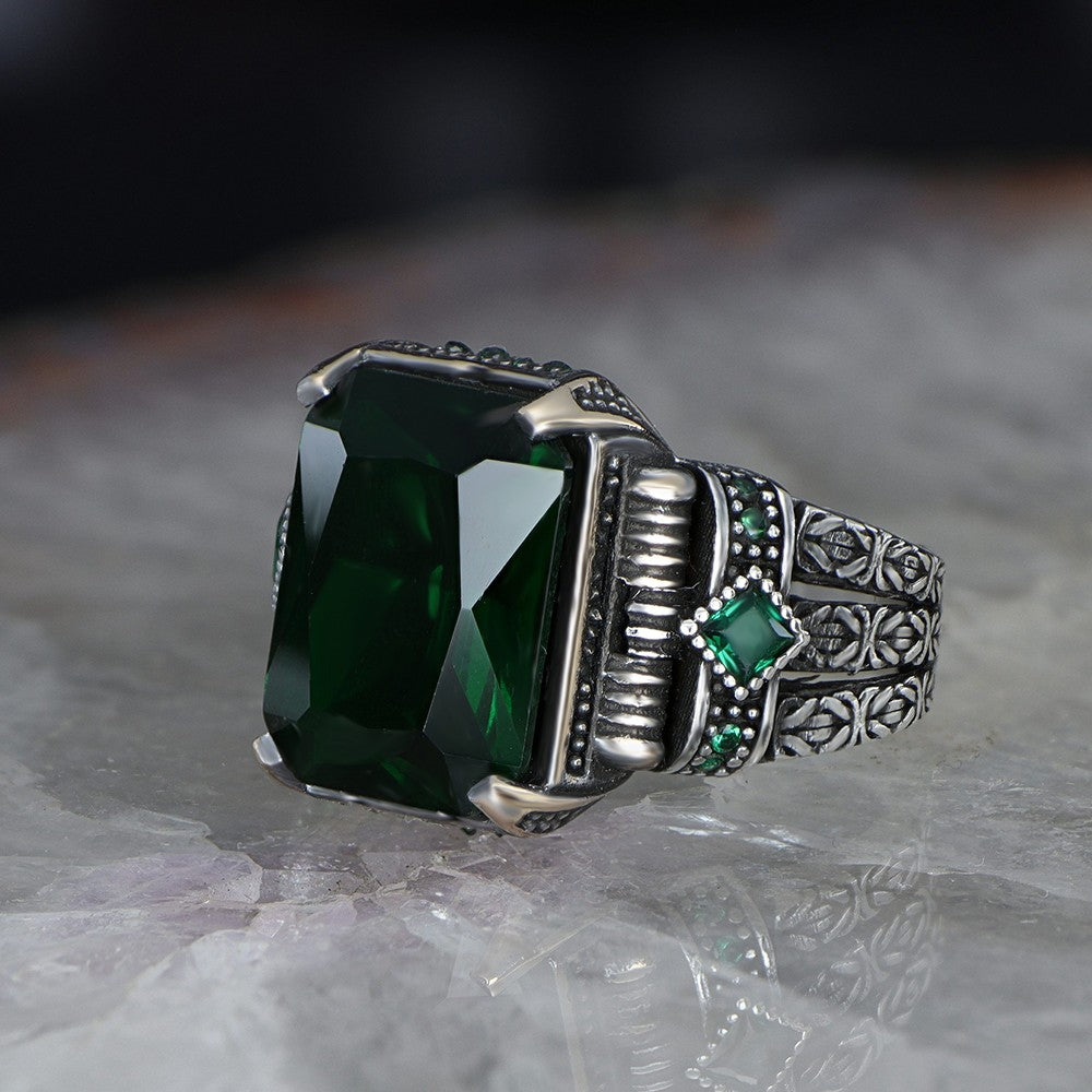 925 Sterling Silver Green Zircon Stone Handmade Square Men Ring