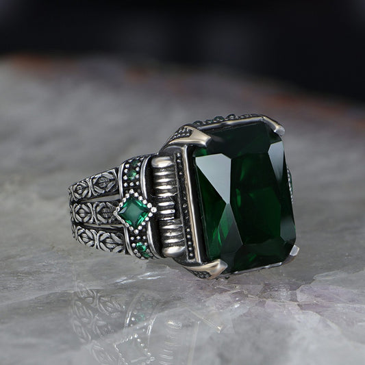 925 Sterling Silver Green Zircon Stone Handmade Square Men Ring