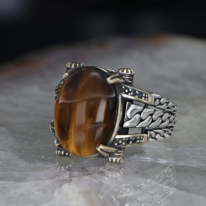 925 Sterling Silver Tiger Eye Stone Handmade Chain Link Men Ring