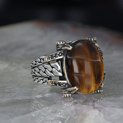 925 Sterling Silver Tiger Eye Stone Handmade Chain Link Men Ring