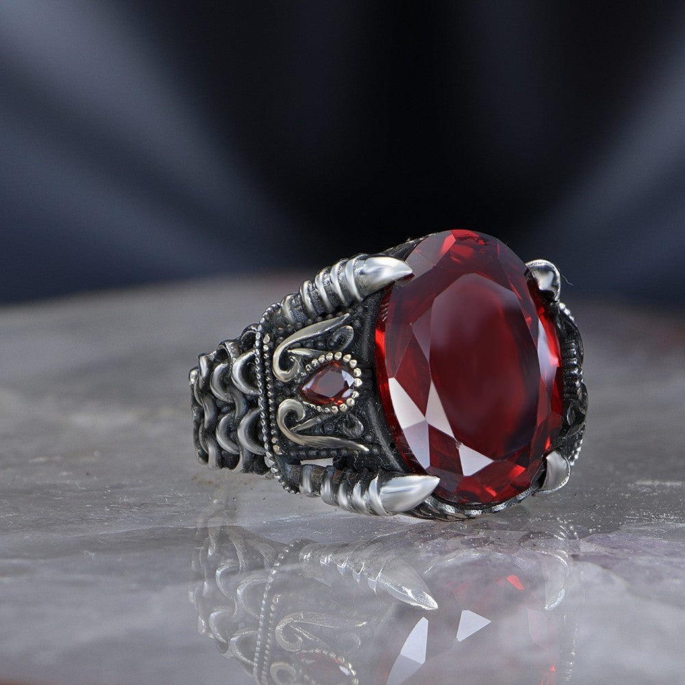 925 Sterling Silver Red Zircon Stone Eagle Claw Chain Men Ring