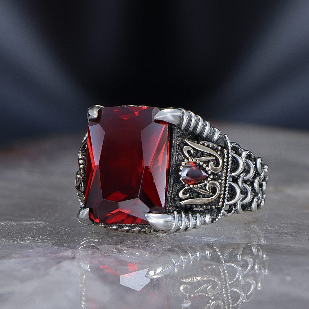 925 Sterling Silver Red Zircon Stone Eagle Claw Square Men Ring