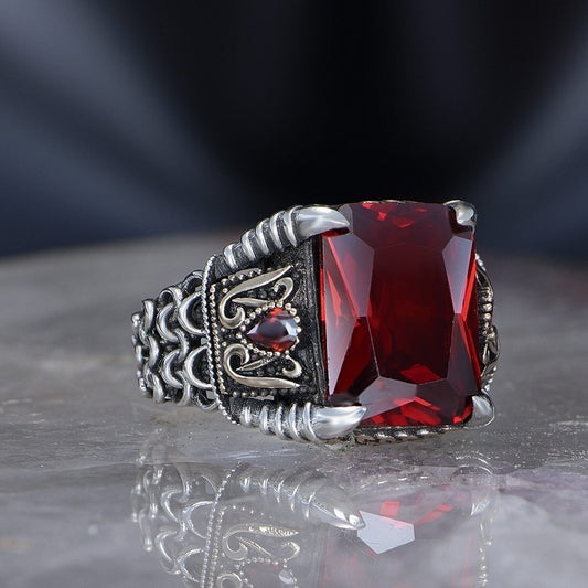 925 Sterling Silver Red Zircon Stone Eagle Claw Square Men Ring