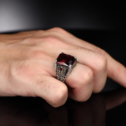 925 Sterling Silver Red Zircon Stone Eagle Claw Square Men Ring