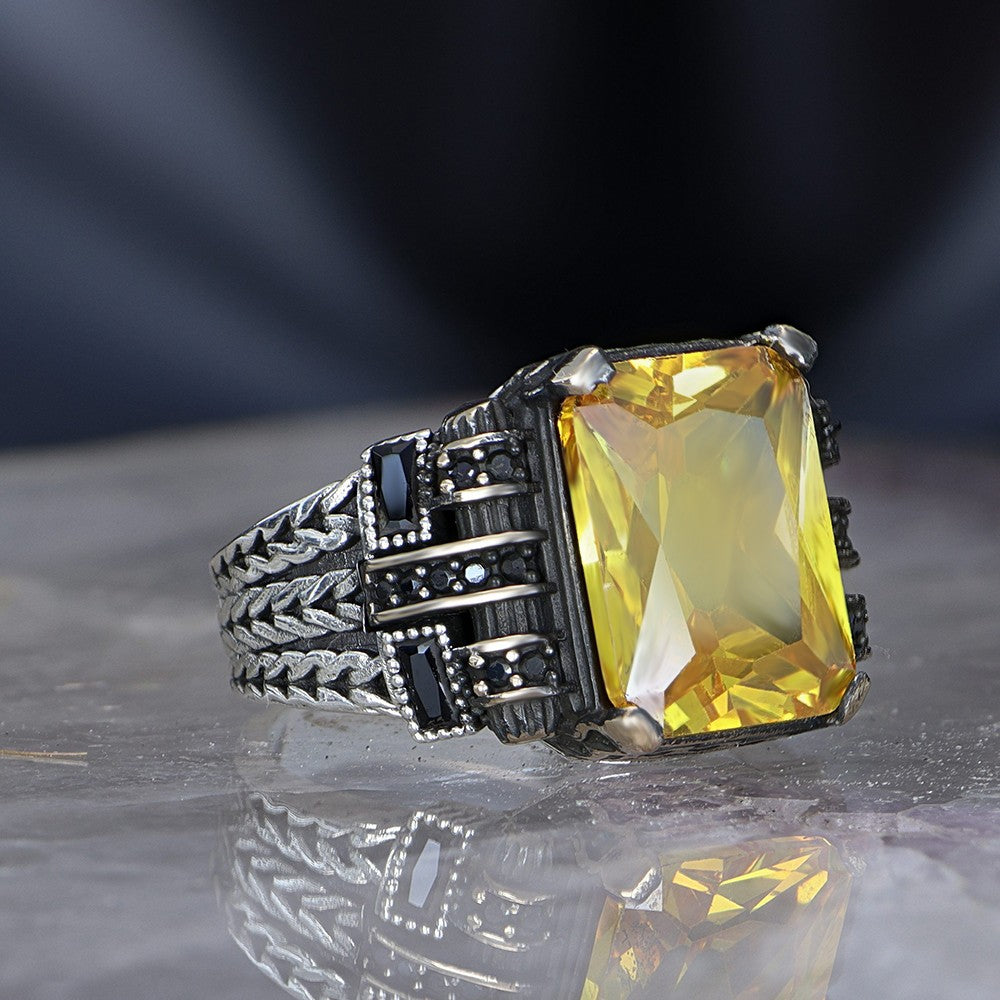 925 Sterling Silver Yellow Zircon Stone Chain Link Square Men Ring