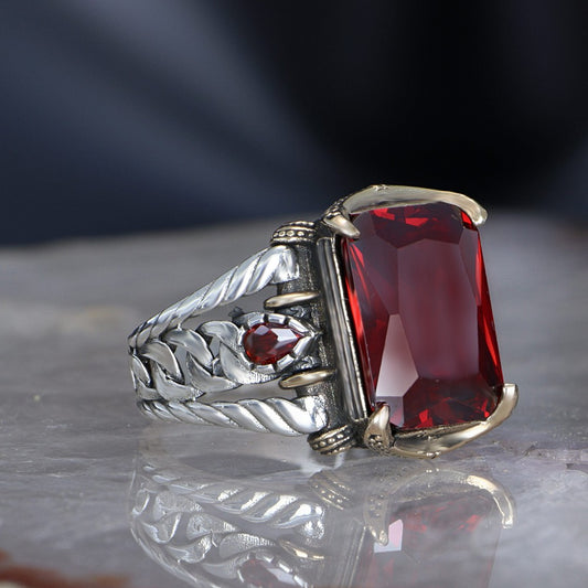 925 Sterling Silver Red Zircon Stone Handmade Chain Link  Men Ring