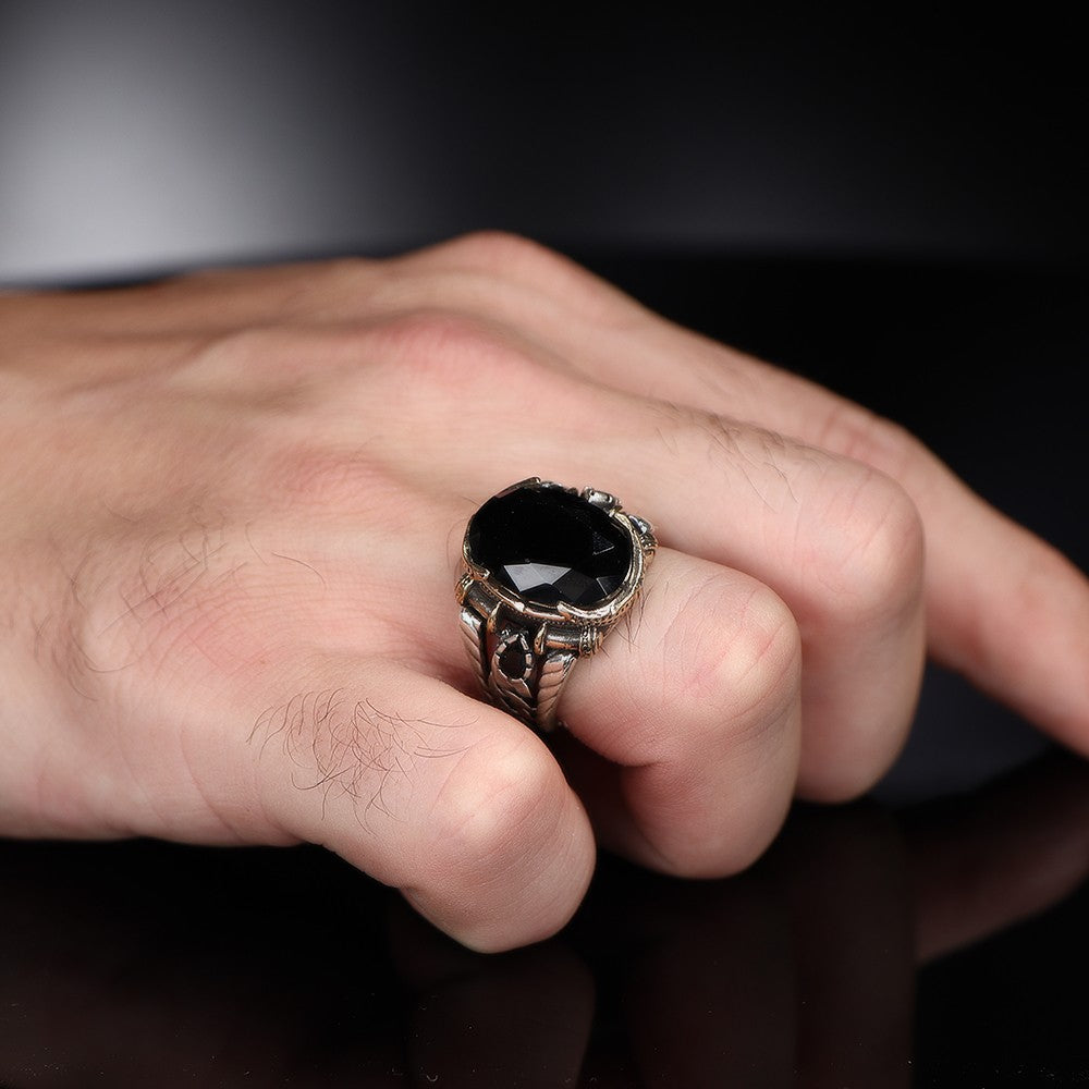 925 Sterling Silver Black Zircon Stone Chain Link Men Ring