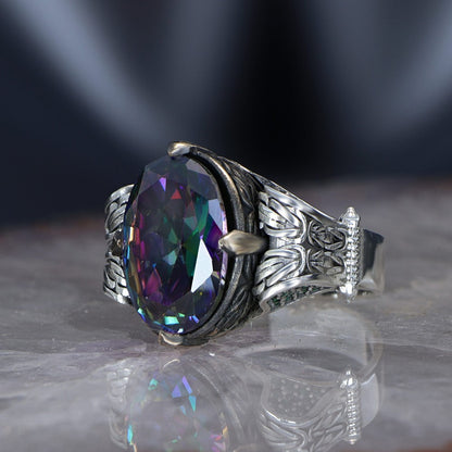 925 Sterling Silver Mystic Topaz Stone Byzantine Chain Men Ring