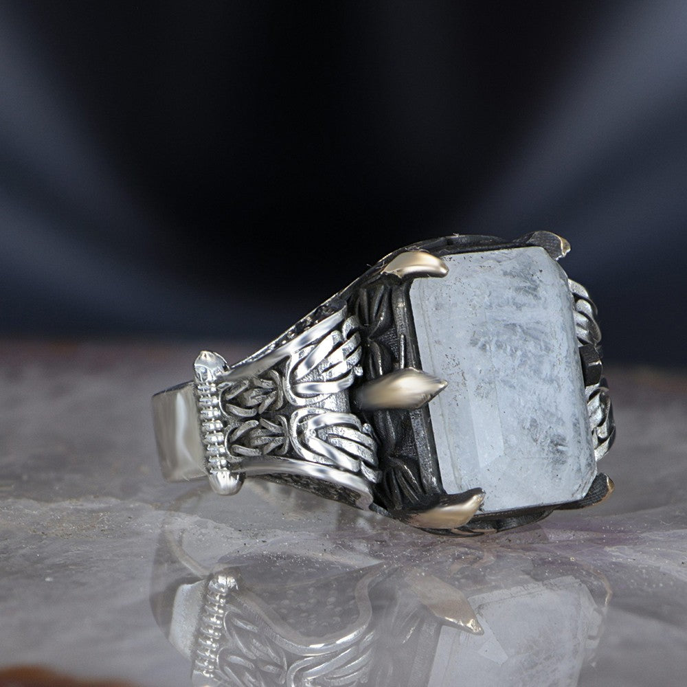 925 Sterling Silver Moon Stone Byzantine Chain Square Men Ring