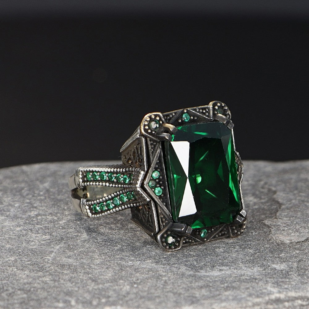 925 Sterling Silver Aqua Marine Stone Traditional Square Men Ring