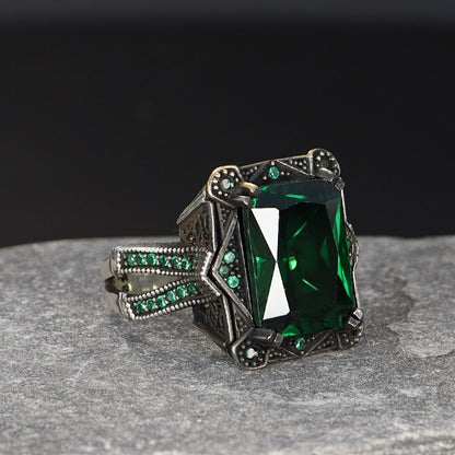 925 Sterling Silver Aqua Marine Stone Traditional Square Men Ring