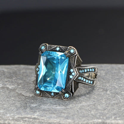 925 Sterling Silver Aqua Marine Stone Traditional Square Men Ring