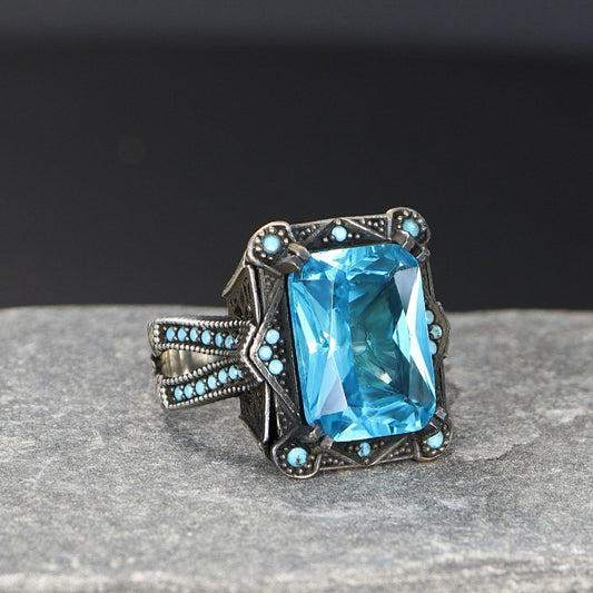 925 Sterling Silver Aqua Marine Stone Traditional Square Men Ring