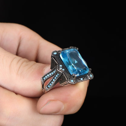 925 Sterling Silver Aqua Marine Stone Traditional Square Men Ring