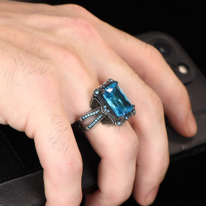 925 Sterling Silver Aqua Marine Stone Traditional Square Men Ring