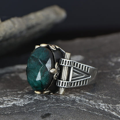 925 Sterling Silver Emerald  Stone Handmade Men Ring