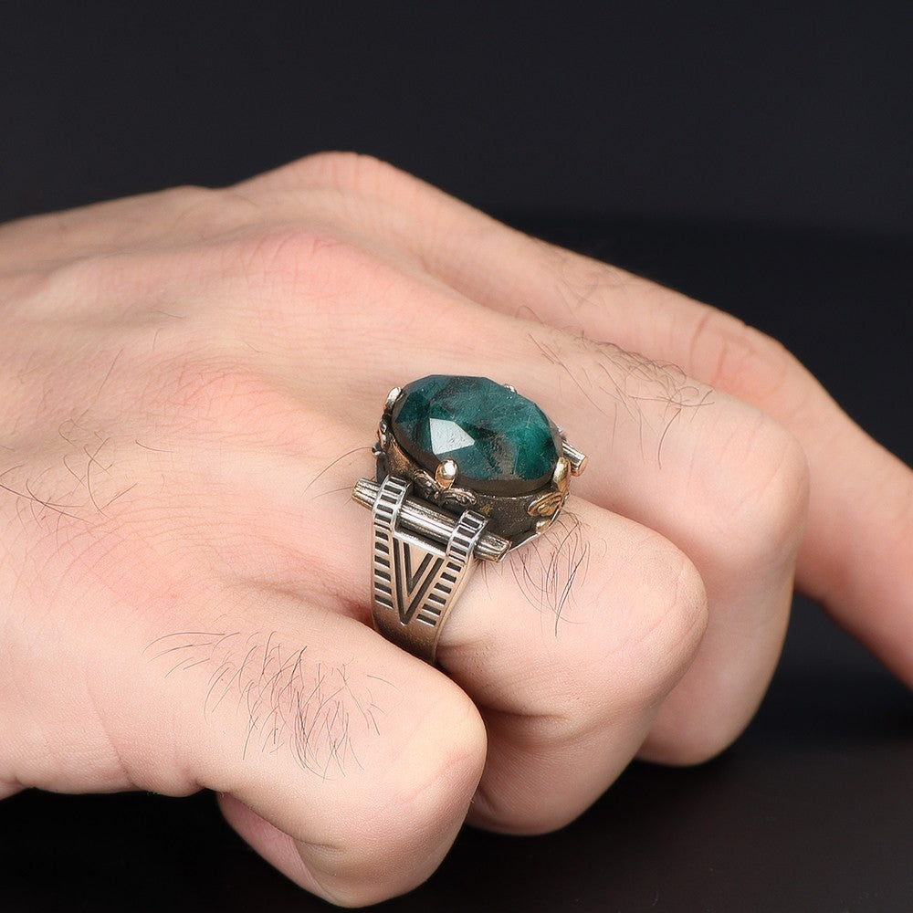 925 Sterling Silver Emerald  Stone Handmade Men Ring