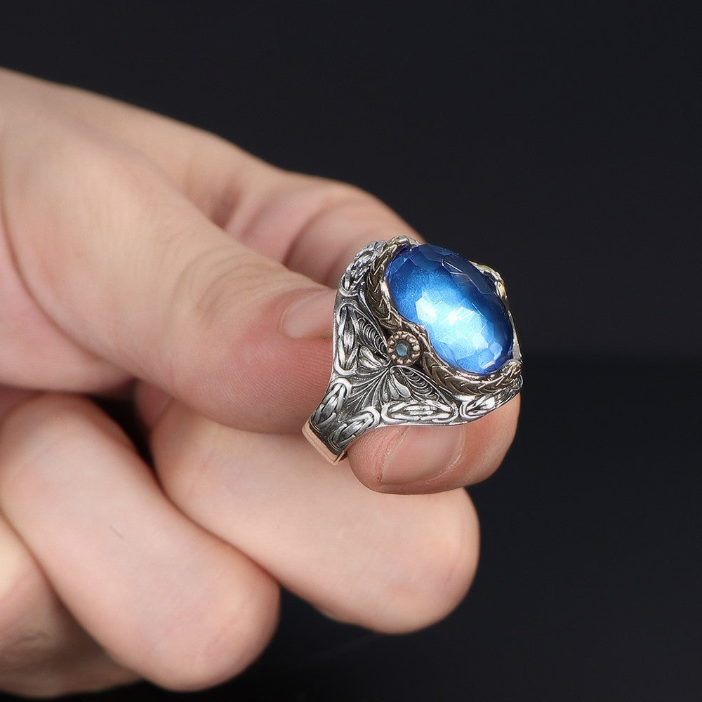 925 Sterling Silver Blue Zircon Stone Handmade Chain Link Men Ring