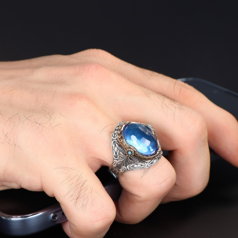 925 Sterling Silver Blue Zircon Stone Handmade Chain Link Men Ring