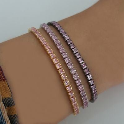 Gold Plated 925K Silver Tennis Pink Stone Baguette Bracelet