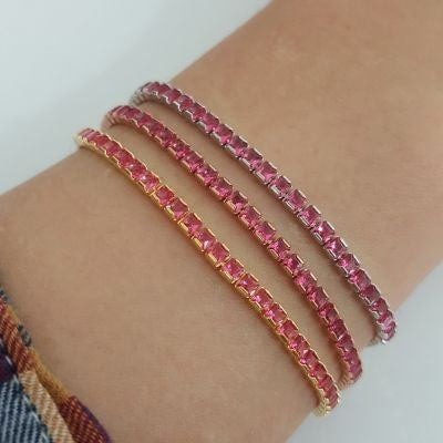 Gold Plated 925K Silver Tennis Pink Stone Baguette Bracelet