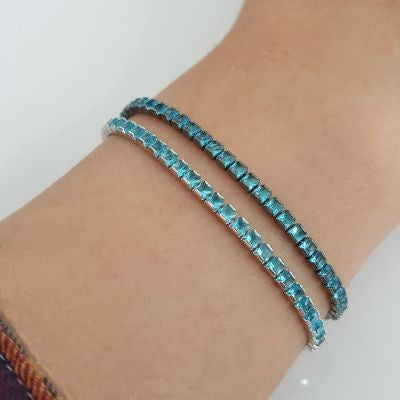 Gold Plated 925K Silver Tennis Blue Stone Baguette Bracelet