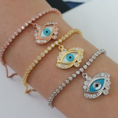 Gold Plated 925K Silver Tennis Cz Diamond Tricolor Eye Bracelet