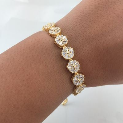 Gold Plated 925K Silver Tennis Cz Diamond Flower Bracelet