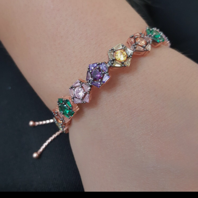 Gold Plated 925K Silver Tennis Cz Diamond Color Stone Flower Bracelet