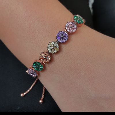 Gold Plated 925K Silver Tennis Cz Diamond Color Stone Flower Bracelet