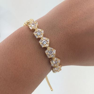 Gold Plated 925K Silver Tennis Cz Diamond Flower Bracelet