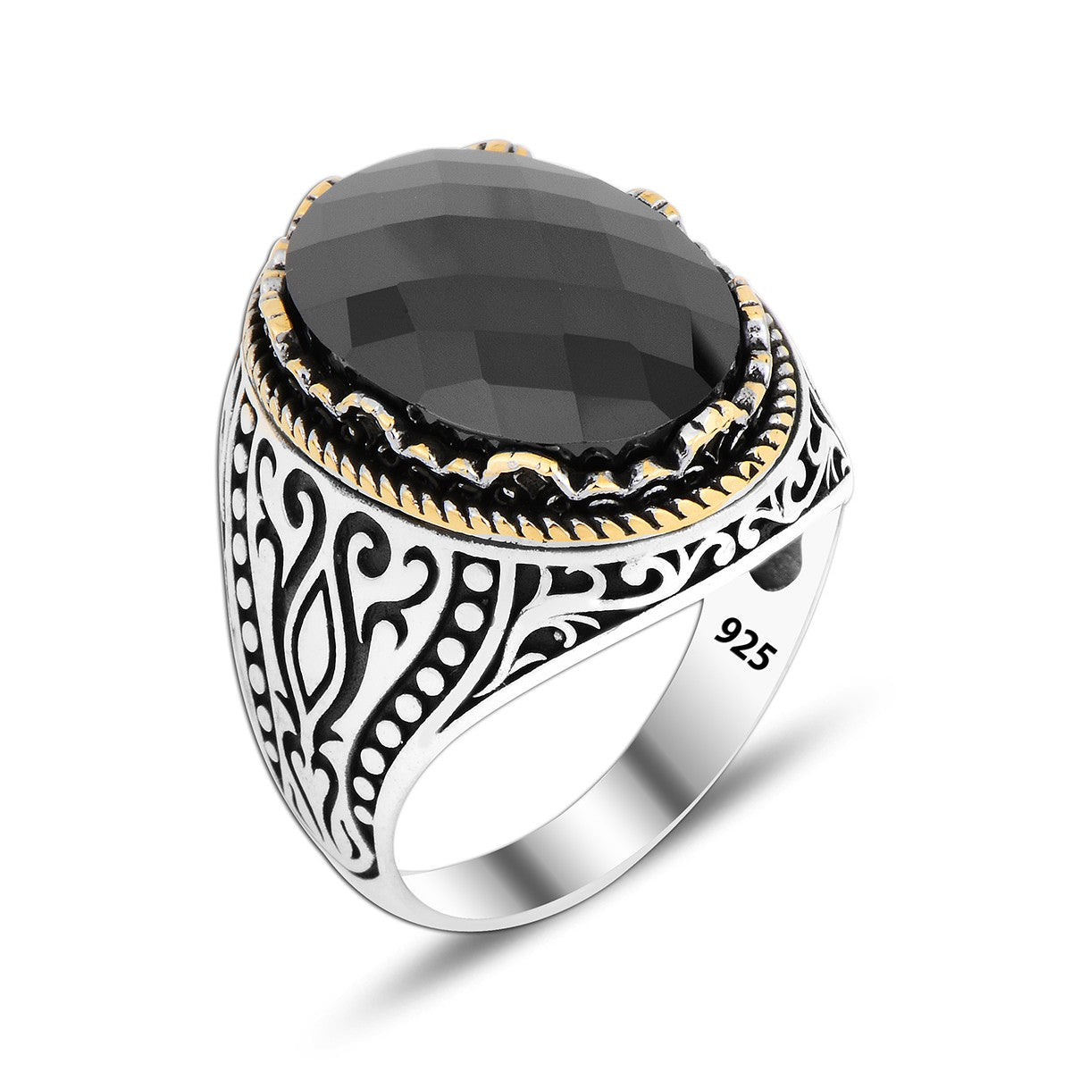 925 Silver Big Onyx Stone Ottoman Patterned Ring For Men