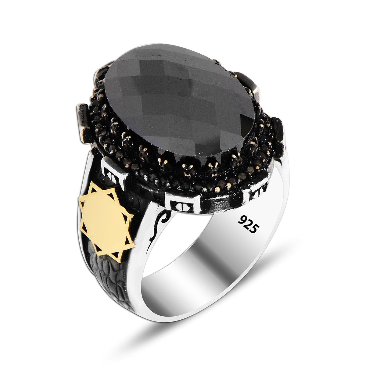 925 Silver Big Onyx Stone Seljuk Star Ring For Men