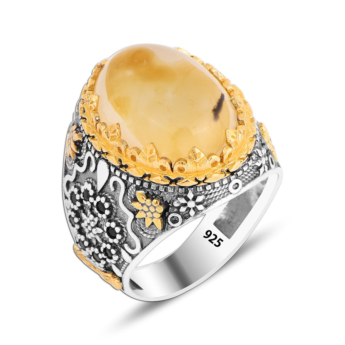 925 Silver Agate Flower Patterned Ring For Men