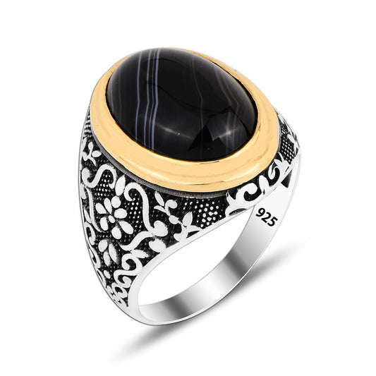 925 Silver Black Agate  Flower Patterned Ring  For Men