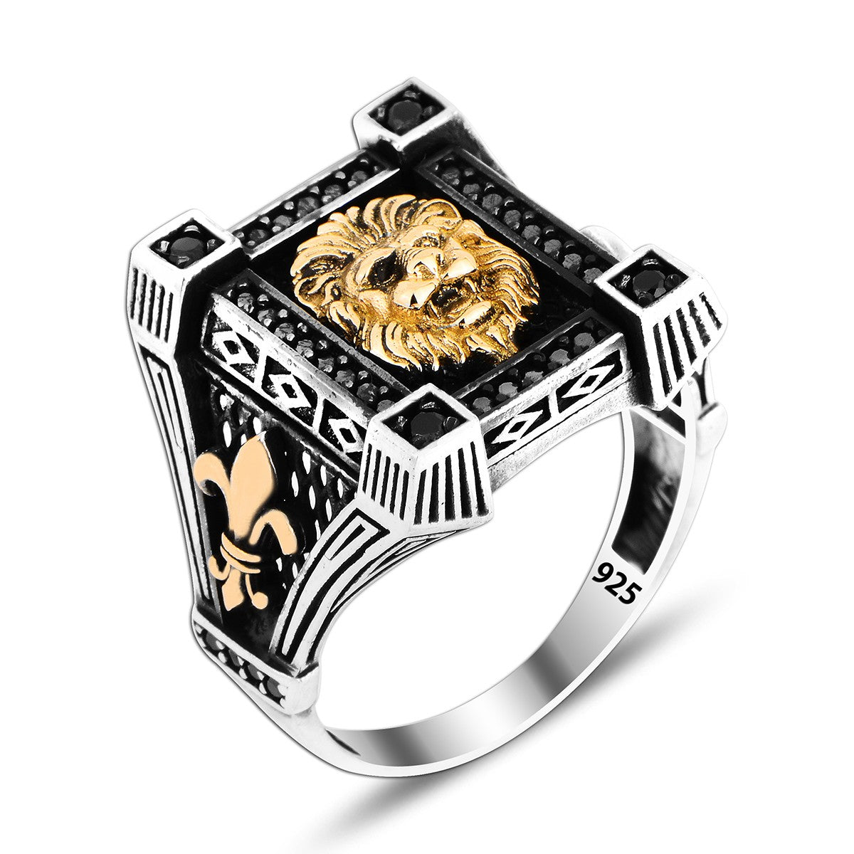 925 Silver Gold Lion Patterned Animal Ottoman Ring For Men