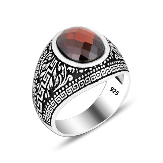 925 Silver  Red Stone Ottoman Ring For Men