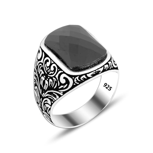 925 Silver Black Square Ring For Men