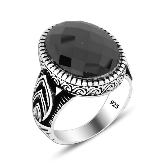 925 Silver Black Zircon Ottoman Ring For Men