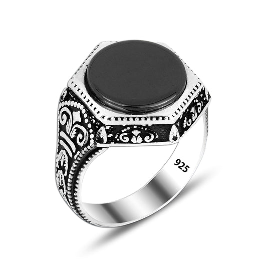 925 Silver Black Onyx Round Ring For Men