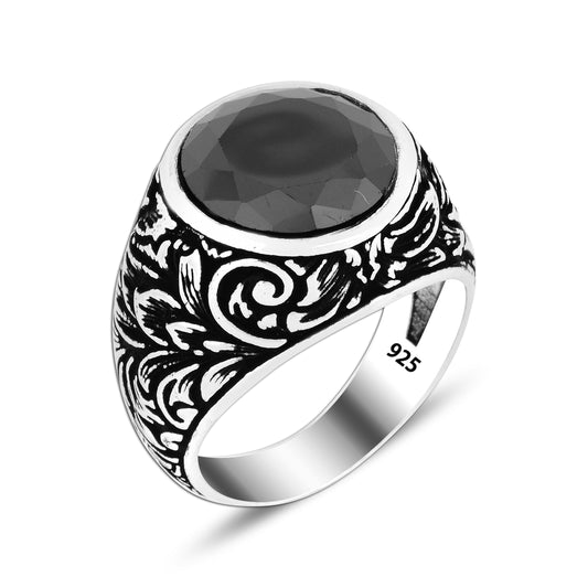 925 Silver Black Round Zircon Stone Ring For Men