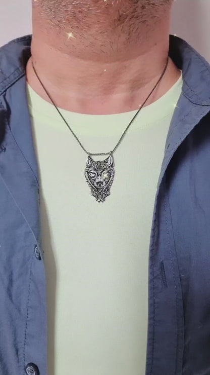 925 Sterling Silver Wolf Head Art Design Men Necklace