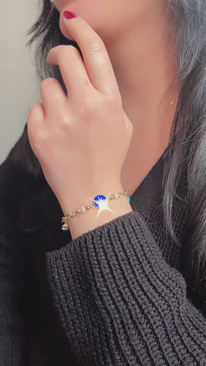 14K Solid Gold Blue Enamel North Star Evil Eye Charm Bracelet