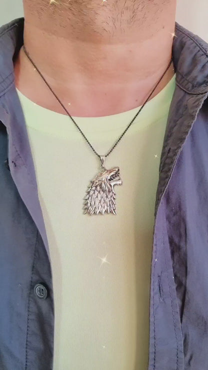 925 Sterling Silver Wolf Head Men Necklace