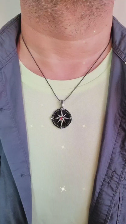 Sterling Silver Compass Men Necklace